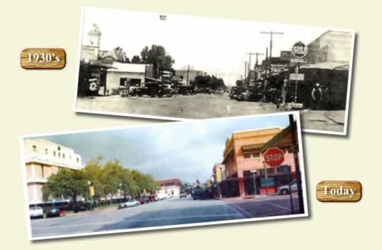 Postcard of downtown Conroe, TX, in 1930s and 1990s.