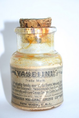Detail of circa 1900 Vaseline bottle from Drake Well Museum.