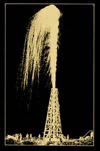 Gold and black art work of the 1901 oil gusher at Beaumont, TX.