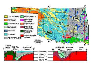 Geologic map of Oklahoma includes prolific Anadarko and Permian basins.