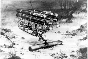 Illustration of 1966 offshore remote control vehicle at it finds lost A-bomb.