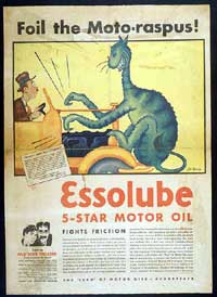 Essolube "Moto-raspus" ad by Theodor Geisel, who benefitted from a dependable income from Standard Oil during the Great Depression.