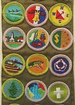 Designs of 12 merit badges.