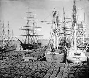 A merchant brig with barrels at Port of Philadelphia circa 1870.