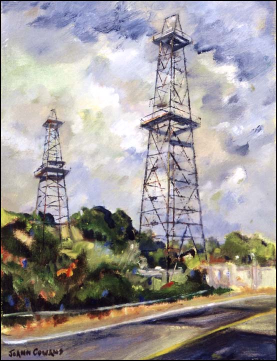 "Derricks by the Road" a painting by California artist JoAnn Cowans.