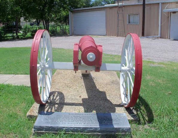 A cannon once used to fight oilfield fires on display in a park in Corsicana, Texas,