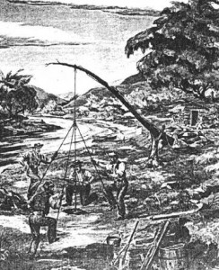 Drawing of a spring pole method drilling a well.