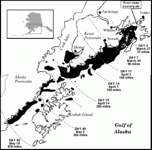 Map showing days of Exxon oil spill spreading on Alaskan coast in 1989.