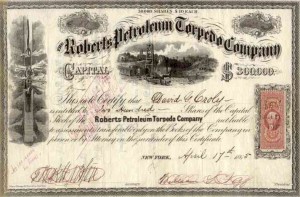 Old stock certificate for Roberts torpedo fracturing company.