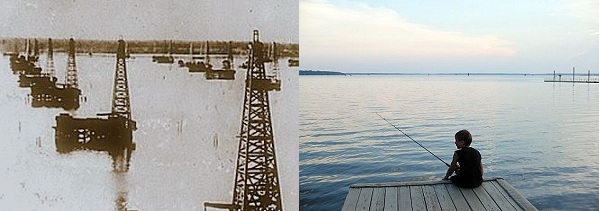 Oil rplatforms in 1911 on Caddo Lake, Louisiana. 