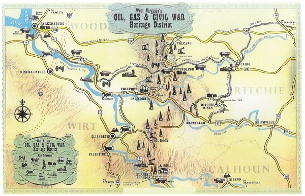 Heritage District Map of oil and gas wells and Civil War sites in West Virginia.