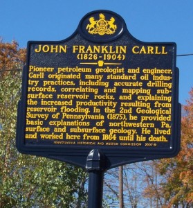 Pennsylvania historical marker at Pleasantville commemorates John Franklin Carll.