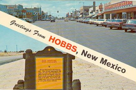 Postcard with Greetings from Hobbs, New Mexico and oil fields sign.