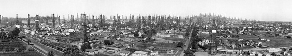 Long Beach CA oil derricks circa 1923 panorama.