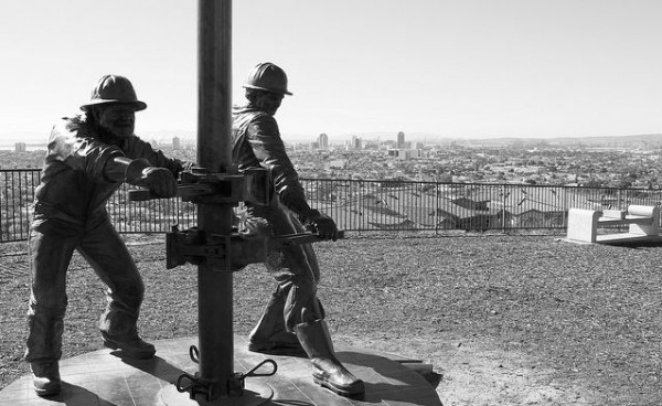 "Tribute to the Roughnecks" statue by Cindy Jackson.