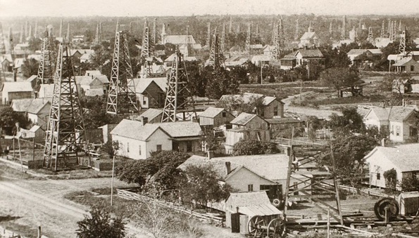 Texas oil boom downtown derricks in corsicana