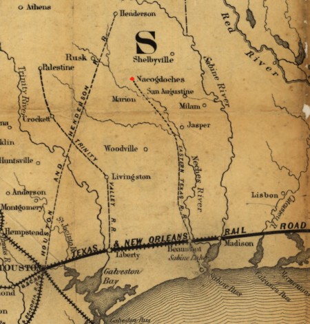 Map of region east of Nacogdoches, home of first Texas oil well.