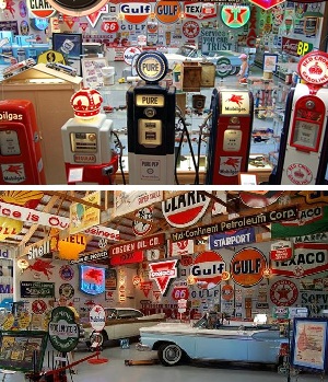 A variety of gasoline pumps, station signs, and globes at the Wisconsin Petroleum Museum.