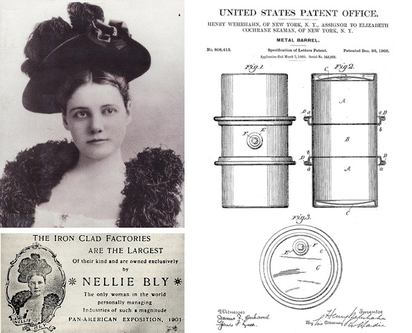 Nellie Bly's business card and her oil drum patent drawing assigned to her as Elizabeth Cochran Seaman.