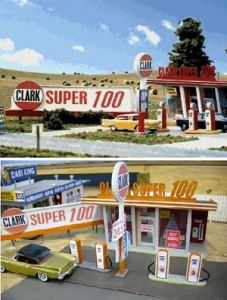 Models of Clark gas stations selling Supper 100 gas.