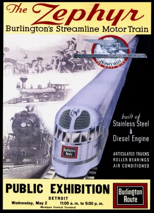 Poster promoting 1934  public exhibition of diesel-electric Burlington Zephyr.