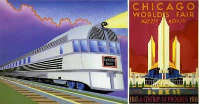 Art deco posters for Burlington Zephyr "streamliner" and 1933 Chicago Worlds fair.