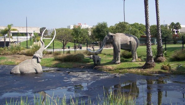 Pool of bitumen called tar pits outside Page Museum in Los Angeles