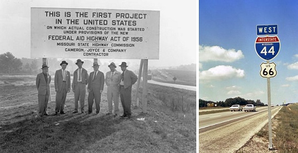 Missouri officials stand at the first interstate, I-44.