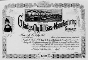 Gladys City Oil, Gas and Manufacturing Company circa 1892 certificate.