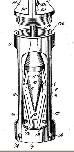 Patent drawing of 1902 scissors-like mechanism of “perforating levers” to pierce casing.