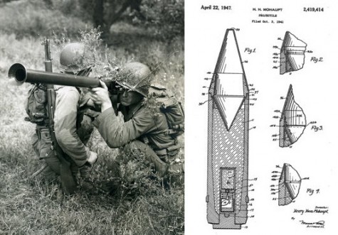 World War II bazooka team photo and a shaped charge patent image.