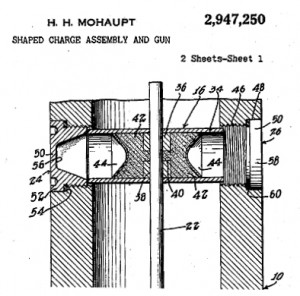 Henry Mohaupt patent drawing for shaped charge perforation gun for oil wells..