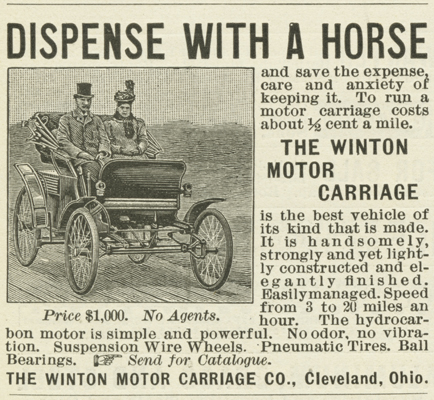 Advertisement for the Winton motor carriage – often identified as the first American automobile ad