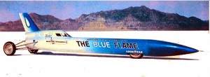 rocket car blue flame on salt flats for record-breaking run