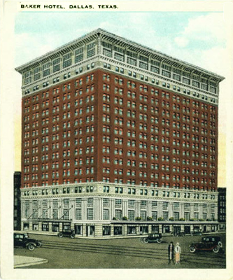 Post card of  Baker Hotel in Dallas, circa 1930.