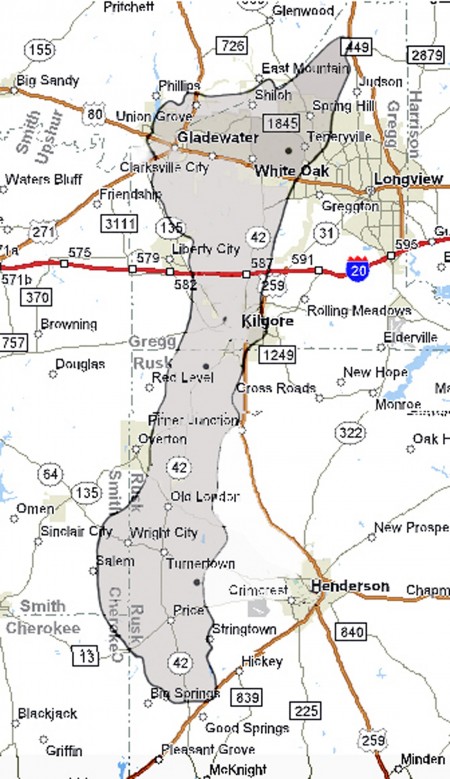 East Texas oilfield map with town showing its extent of 43 miles long and 12.5 miles wide.