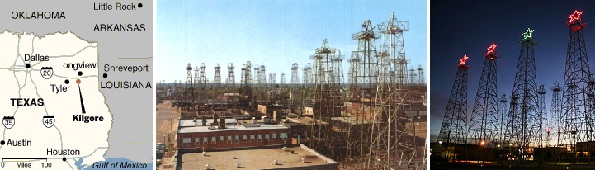 Images and map of Kilgore, Texas, with oil derricks lighted and neon lights.