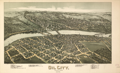 T.M. Fowler's 1896 "bird's-eye view" of Oil City, Pennsylvania.