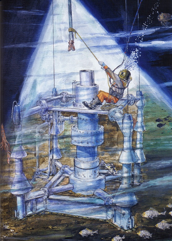 Oil platform offshore diver "stabbing in" a drill pipe in painting by Clyde Olcott for 2007 book by Christopher Swann.