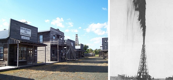 Replica oil boom town at Beaumont, Texas, and image of 1901 Spindletop gusher.