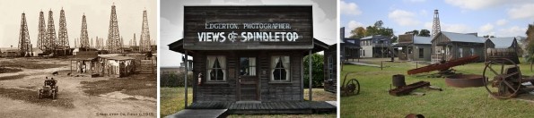 Vintage oilfield photo and modern exhibits at Spindletop oil museum.