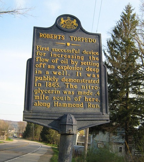 Plaque for Roberts torpedo (fracking) -- A Pennsylvania historical marker commemorates the "Roberts Torpedo."