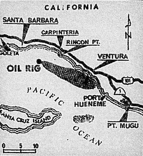 Santa Barbara 1969 oil spill map illustrating spill direction.