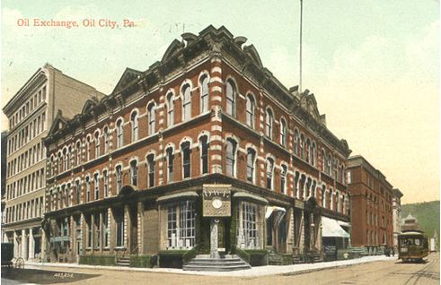 Oil Exchanges circa 1880 post card of Oil City, PA, oil exchange building