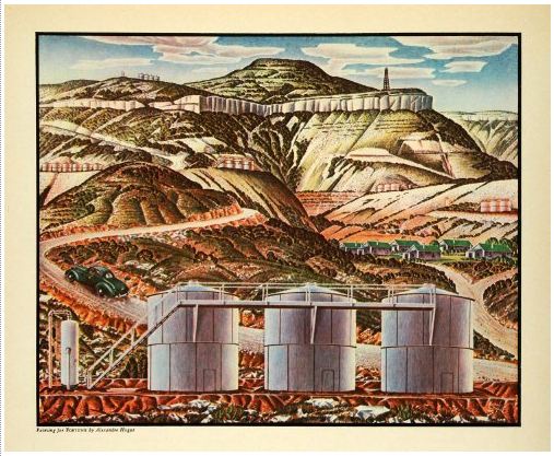  1937 Alexandre Hogue painting depicts the Pecos, Texas, oilfield with storage tanks in the foreground.