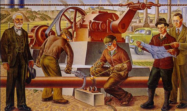 Oil Fields of Graham by Alexandre Hogue, a 1939 mural that is 12 feet wide and 7 feet high, was restored in 2002 at the Old Post Office Museum & Art Center, in Graham, Texas.