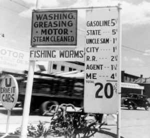 Gas station selling gas for 20 cents a gallon in 1930s.