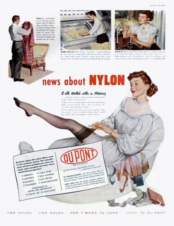 Petroleum product nylon used for women's stockings in a DuPont 1948 ad.