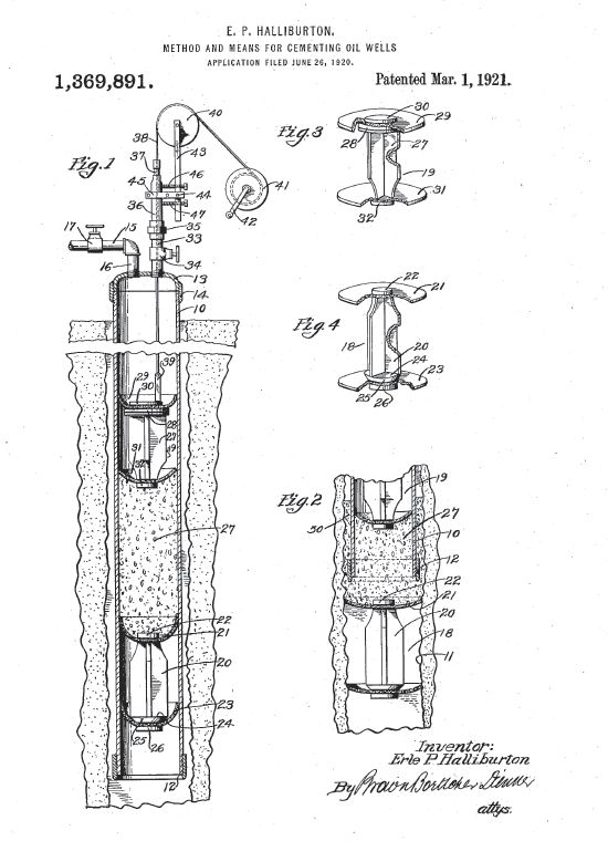 Erle Halliburton cement patent device drawing from 1921.
