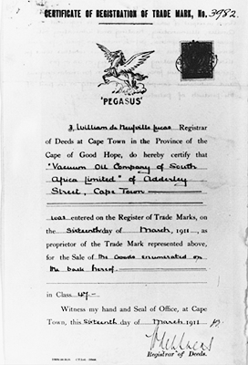 Certificate from Cape Town, South Africa, for Vacuum Oil Company of South Africa Limited.